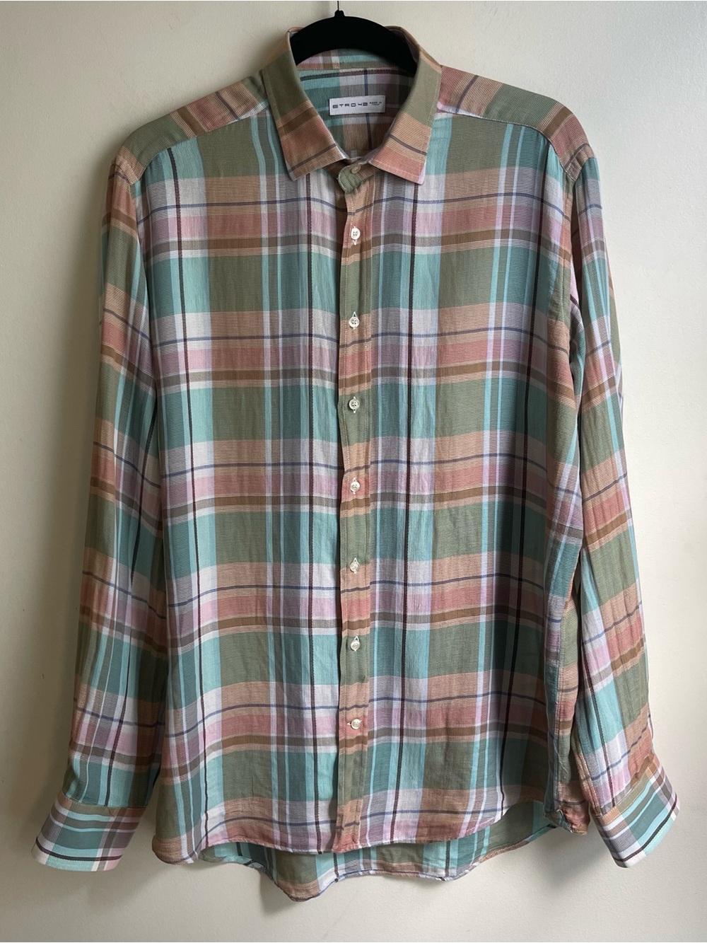 Etro 42 Men's Lightweight Cotton Plaid Button Shirt Made in Italy Size Large